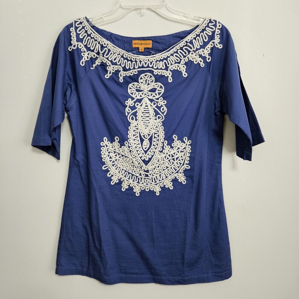 Roberta Freymann Ribbon Embroidered Pullover Tunic Top Sz S Anchor Design